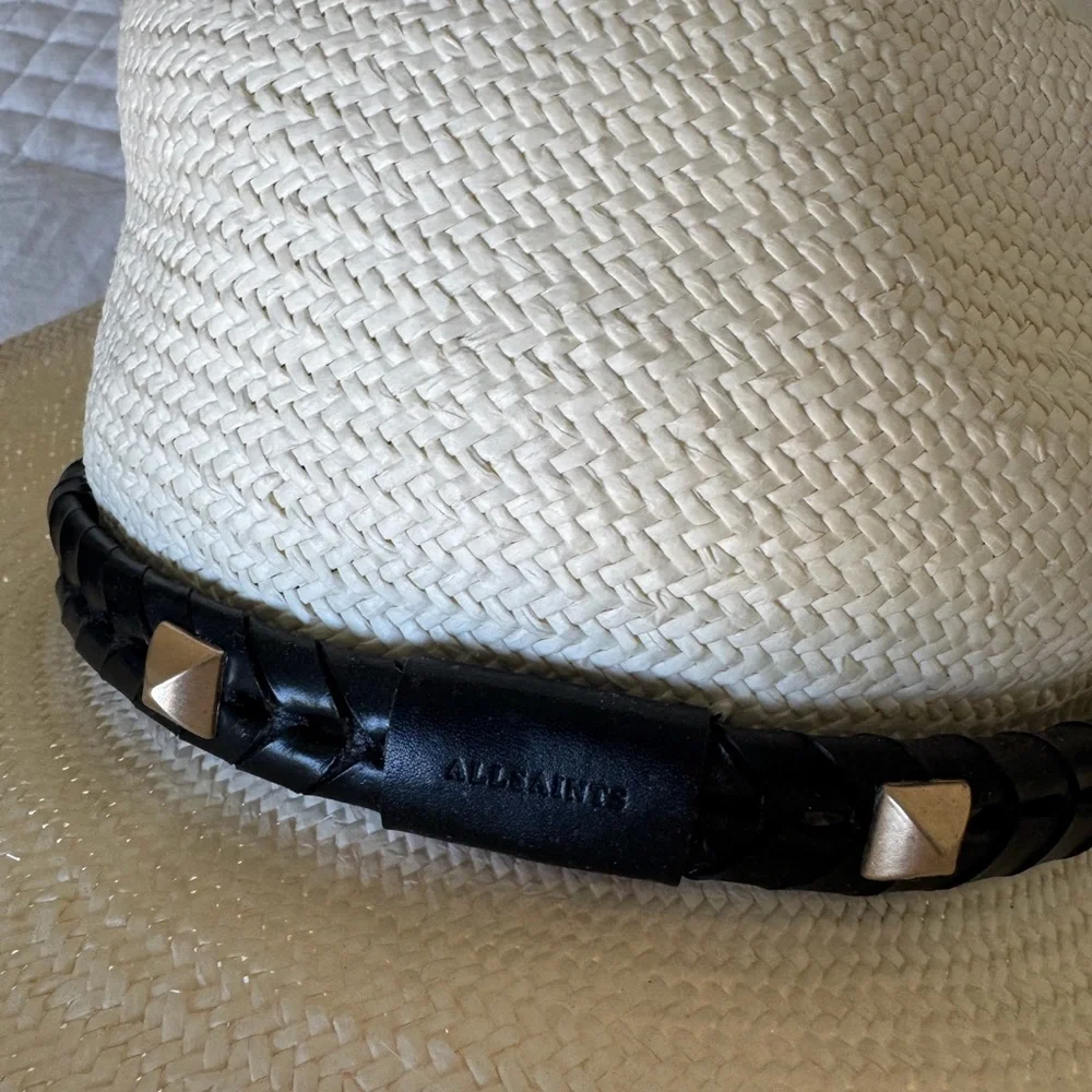 All Saints Cream Hat with Black Studded Leather Band - Picture 3 of 5